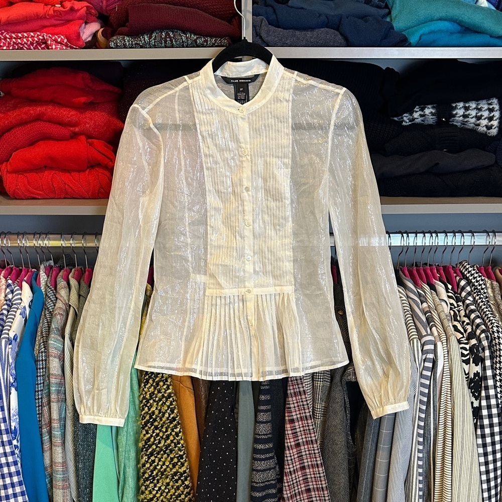 Club Monaco ivory/gold metallic threads pleated semi sheer blouse size S NWT